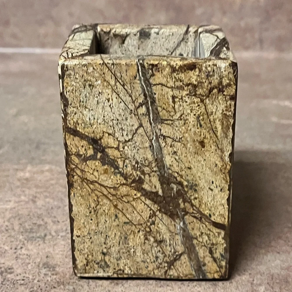 Natural marble brown forest texured marble pen holder, brush holder
